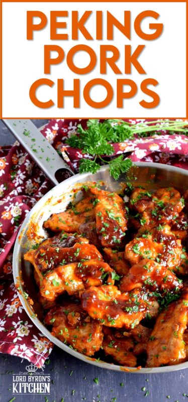 Thin cuts of pork which have been fried and then tossed in a sweet, spicy, and vinegary sauce. Peking Pork Chops are a popular Chinese buffet dish which can be easily made at home too! So fast, so easy, and so simple, these make a great weeknight family dinner option! #pork #buffet #asian #peking