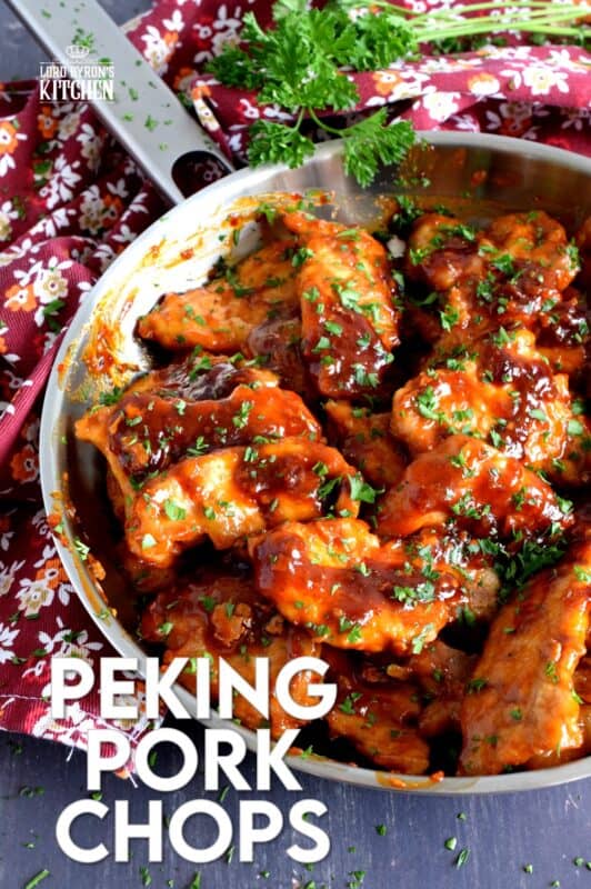 Thin cuts of pork which have been fried and then tossed in a sweet, spicy, and vinegary sauce. Peking Pork Chops are a popular Chinese buffet dish which can be easily made at home too! So fast, so easy, and so simple, these make a great weeknight family dinner option! #pork #buffet #asian #peking