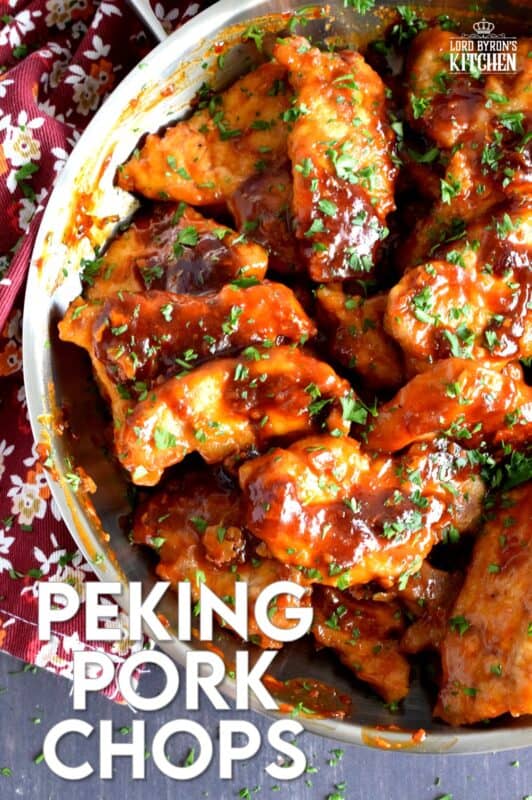 Thin cuts of pork which have been fried and then tossed in a sweet, spicy, and vinegary sauce. Peking Pork Chops are a popular Chinese buffet dish which can be easily made at home too! So fast, so easy, and so simple, these make a great weeknight family dinner option! #pork #buffet #asian #peking
