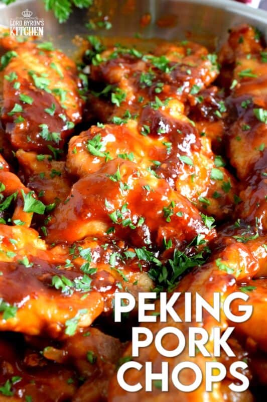 Thin cuts of pork which have been fried and then tossed in a sweet, spicy, and vinegary sauce. Peking Pork Chops are a popular Chinese buffet dish which can be easily made at home too! So fast, so easy, and so simple, these make a great weeknight family dinner option! #pork #buffet #asian #peking