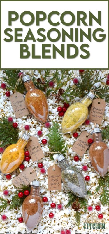 Curling up under a blanket with a bowl of homemade popcorn and a movie on a cold wintery evening is the best way to stay warm and cozy. These giftable Popcorn Seasoning Blends will be put to good use when staying home during a blizzard this winter.  Make it hard to choose by gifting all six flavours! #popcorn #seasoning #blends #snack #gift #giftable #christmas