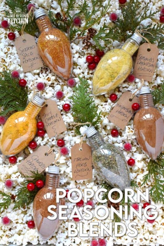 Curling up under a blanket with a bowl of homemade popcorn and a movie on a cold wintery evening is the best way to stay warm and cozy. These giftable Popcorn Seasoning Blends will be put to good use when staying home during a blizzard this winter.  Make it hard to choose by gifting all six flavours! #popcorn #seasoning #blends #snack #gift #giftable #christmas