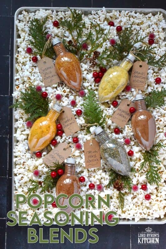 Curling up under a blanket with a bowl of homemade popcorn and a movie on a cold wintery evening is the best way to stay warm and cozy. These giftable Popcorn Seasoning Blends will be put to good use when staying home during a blizzard this winter.  Make it hard to choose by gifting all six flavours! #popcorn #seasoning #blends #snack #gift #giftable #christmas