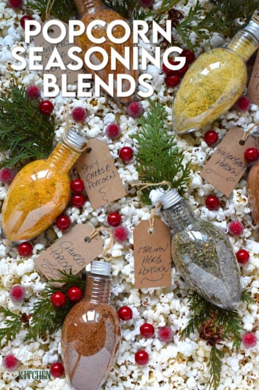 Curling up under a blanket with a bowl of homemade popcorn and a movie on a cold wintery evening is the best way to stay warm and cozy. These giftable Popcorn Seasoning Blends will be put to good use when staying home during a blizzard this winter.  Make it hard to choose by gifting all six flavours! #popcorn #seasoning #blends #snack #gift #giftable #christmas