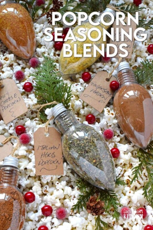 Curling up under a blanket with a bowl of homemade popcorn and a movie on a cold wintery evening is the best way to stay warm and cozy. These giftable Popcorn Seasoning Blends will be put to good use when staying home during a blizzard this winter.  Make it hard to choose by gifting all six flavours! #popcorn #seasoning #blends #snack #gift #giftable #christmas