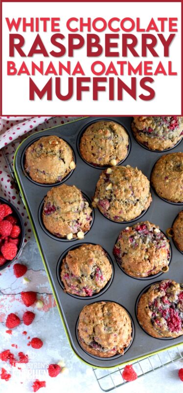 In our home, muffins are considered one of the major food groups, especially if that muffin happens to be these White Chocolate Raspberry Banana Oatmeal Muffins! These disappear before they've had time to cool down! #raspberries #banana #muffins #oatmeal #chocolate