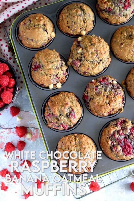 In our home, muffins are considered one of the major food groups, especially if that muffin happens to be these White Chocolate Raspberry Banana Oatmeal Muffins! These disappear before they've had time to cool down! #raspberries #banana #muffins #oatmeal #chocolate
