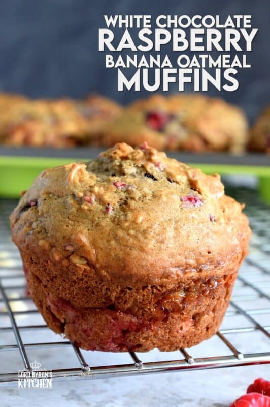 In our home, muffins are considered one of the major food groups, especially if that muffin happens to be these White Chocolate Raspberry Banana Oatmeal Muffins! These disappear before they've had time to cool down! #raspberries #banana #muffins #oatmeal #chocolate