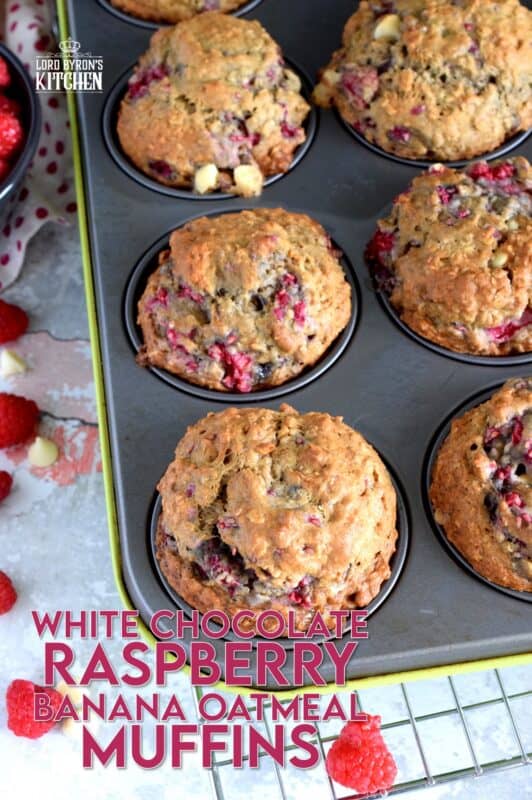 In our home, muffins are considered one of the major food groups, especially if that muffin happens to be these White Chocolate Raspberry Banana Oatmeal Muffins! These disappear before they've had time to cool down! #raspberries #banana #muffins #oatmeal #chocolate