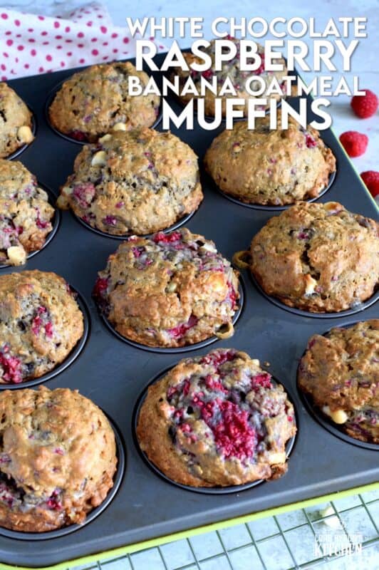 In our home, muffins are considered one of the major food groups, especially if that muffin happens to be these White Chocolate Raspberry Banana Oatmeal Muffins! These disappear before they've had time to cool down! #raspberries #banana #muffins #oatmeal #chocolate