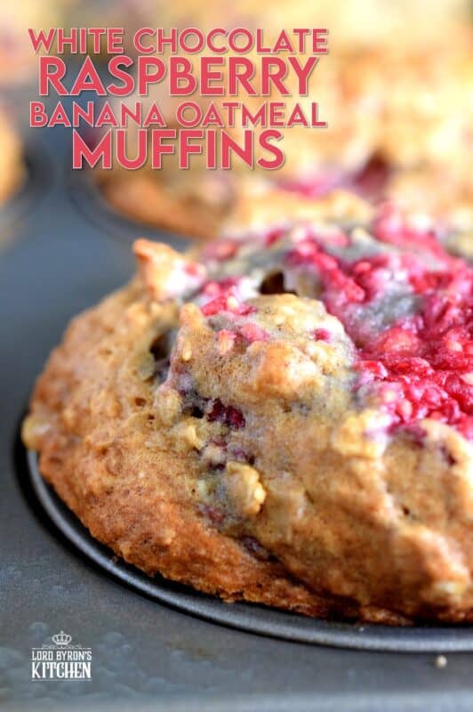 In our home, muffins are considered one of the major food groups, especially if that muffin happens to be these White Chocolate Raspberry Banana Oatmeal Muffins! These disappear before they've had time to cool down! #raspberries #banana #muffins #oatmeal #chocolate