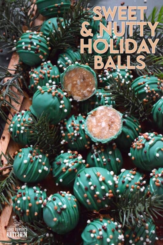 These bright and festive treats are prepared with ground nuts and sweetened condensed milk. Sweet and Nutty Christmas Balls are where candies and cookies meet to create the most delectable and rich holiday confection. It's extremely hard to eat just one of these! #nobake #candymelts #green #nuts #candy #stovetop #christmas