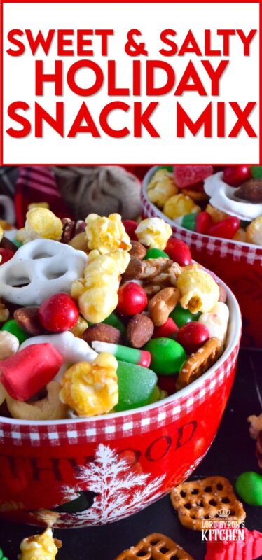 This no-bake, quickly assembled Sweet and Salty Holiday Snack Mix is one of the fastest and easiest gifts you will give this holiday season. Prepared with store-bought, ready-to-eat ingredients, this sweet and salty treat will be enjoyed by all. Gussy up bags or jars and hand them out to your favourite people! #snacks #christmas #popcorn #snackmix #holiday #candy