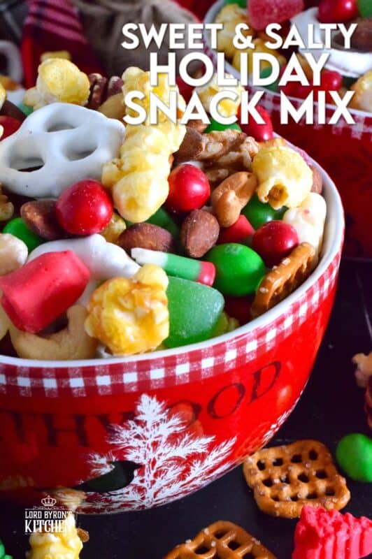 This no-bake, quickly assembled Sweet and Salty Holiday Snack Mix is one of the fastest and easiest gifts you will give this holiday season. Prepared with store-bought, ready-to-eat ingredients, this sweet and salty treat will be enjoyed by all. Gussy up bags or jars and hand them out to your favourite people! #snacks #christmas #popcorn #snackmix #holiday #candy
