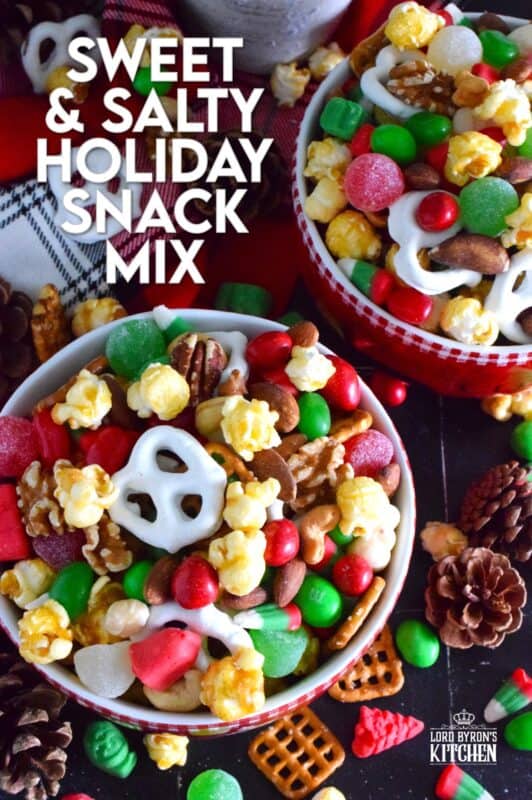 This no-bake, quickly assembled Sweet and Salty Holiday Snack Mix is one of the fastest and easiest gifts you will give this holiday season. Prepared with store-bought, ready-to-eat ingredients, this sweet and salty treat will be enjoyed by all. Gussy up bags or jars and hand them out to your favourite people! #snacks #christmas #popcorn #snackmix #holiday #candy