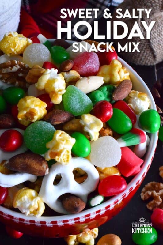 This no-bake, quickly assembled Sweet and Salty Holiday Snack Mix is one of the fastest and easiest gifts you will give this holiday season. Prepared with store-bought, ready-to-eat ingredients, this sweet and salty treat will be enjoyed by all. Gussy up bags or jars and hand them out to your favourite people! #snacks #christmas #popcorn #snackmix #holiday #candy