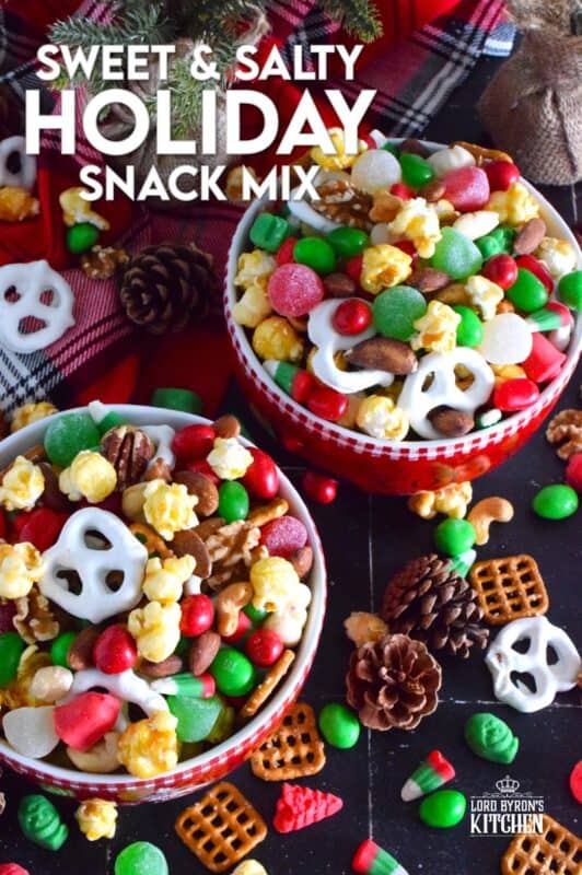 This no-bake, quickly assembled Sweet and Salty Holiday Snack Mix is one of the fastest and easiest gifts you will give this holiday season. Prepared with store-bought, ready-to-eat ingredients, this sweet and salty treat will be enjoyed by all. Gussy up bags or jars and hand them out to your favourite people! #snacks #christmas #popcorn #snackmix #holiday #candy