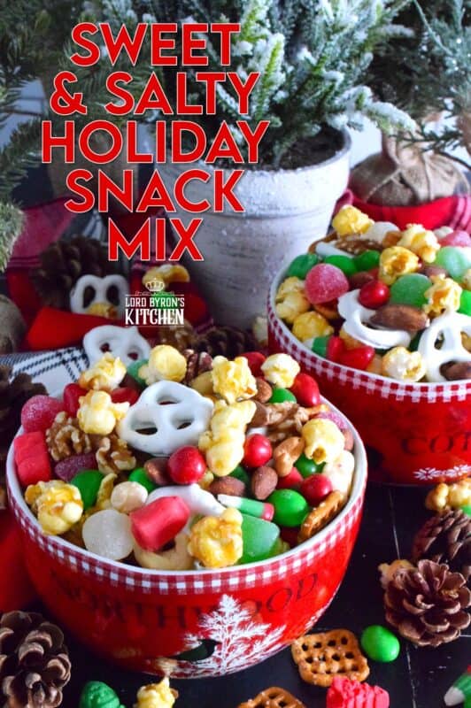 This no-bake, quickly assembled Sweet and Salty Holiday Snack Mix is one of the fastest and easiest gifts you will give this holiday season. Prepared with store-bought, ready-to-eat ingredients, this sweet and salty treat will be enjoyed by all. Gussy up bags or jars and hand them out to your favourite people! #snacks #christmas #popcorn #snackmix #holiday #candy