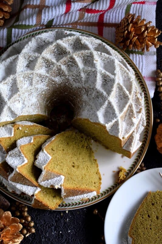 This bundt is green for the holidays! If you've never baked a cake with matcha, you must do it immediately! The earthly, slightly bitter taste of matcha is balanced with the addition of sugar and vanilla. This cake is one of my personal favourites! #matcha #bundt #holiday #cake