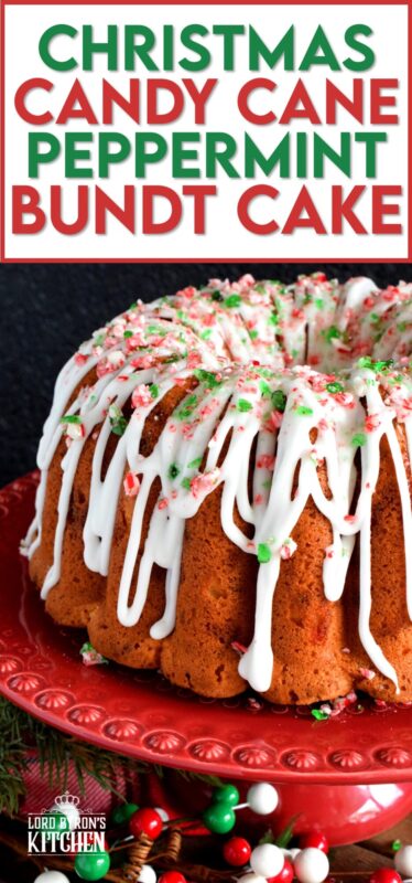 Peppermint is a dominant Christmastime flavour, so this candy cane bundt cake has a lot of it! With crushed candy canes baked into the cake batter and sprinkled over top a sweet and sugary glaze too, there's no shortage of peppermint flavour here! #candycane #peppermint #cake #bundt