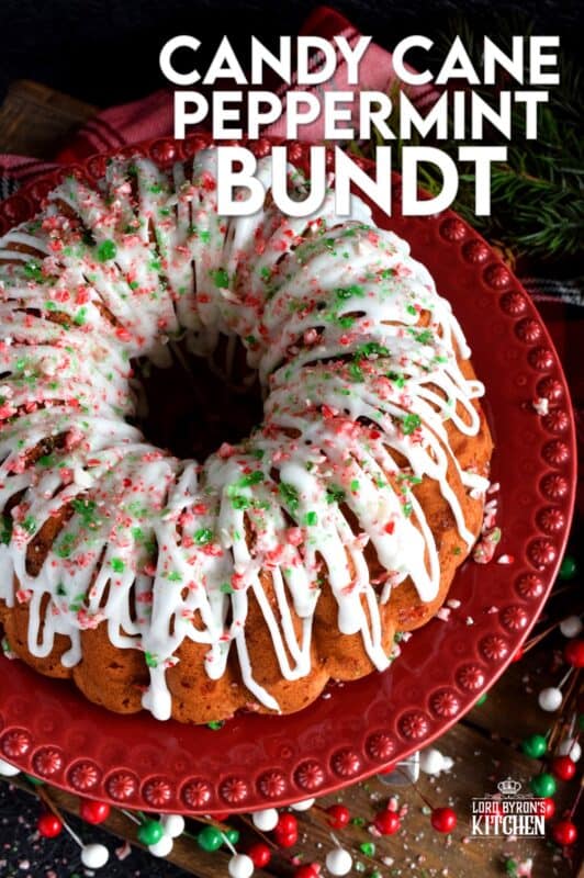 Peppermint is a dominant Christmastime flavour, so this candy cane bundt cake has a lot of it! With crushed candy canes baked into the cake batter and sprinkled over top a sweet and sugary glaze too, there's no shortage of peppermint flavour here! #candycane #peppermint #cake #bundt