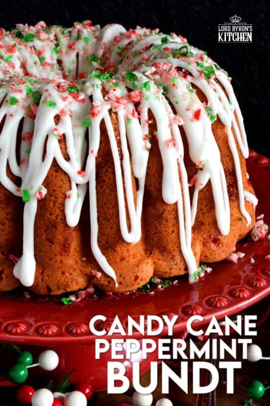Peppermint is a dominant Christmastime flavour, so this candy cane bundt cake has a lot of it! With crushed candy canes baked into the cake batter and sprinkled over top a sweet and sugary glaze too, there's no shortage of peppermint flavour here! #candycane #peppermint #cake #bundt