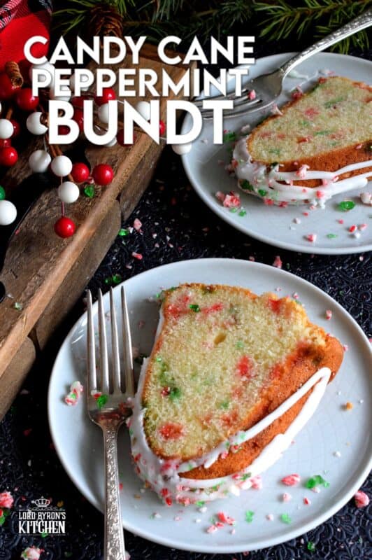 Peppermint is a dominant Christmastime flavour, so this candy cane bundt cake has a lot of it! With crushed candy canes baked into the cake batter and sprinkled over top a sweet and sugary glaze too, there's no shortage of peppermint flavour here! #candycane #peppermint #cake #bundt