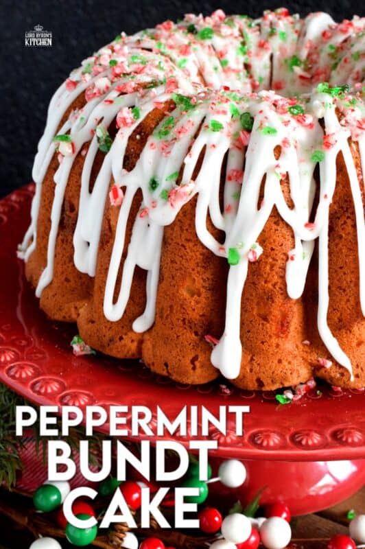 Peppermint is a dominant Christmastime flavour, so this candy cane bundt cake has a lot of it! With crushed candy canes baked into the cake batter and sprinkled over top a sweet and sugary glaze too, there's no shortage of peppermint flavour here! #candycane #peppermint #cake #bundt