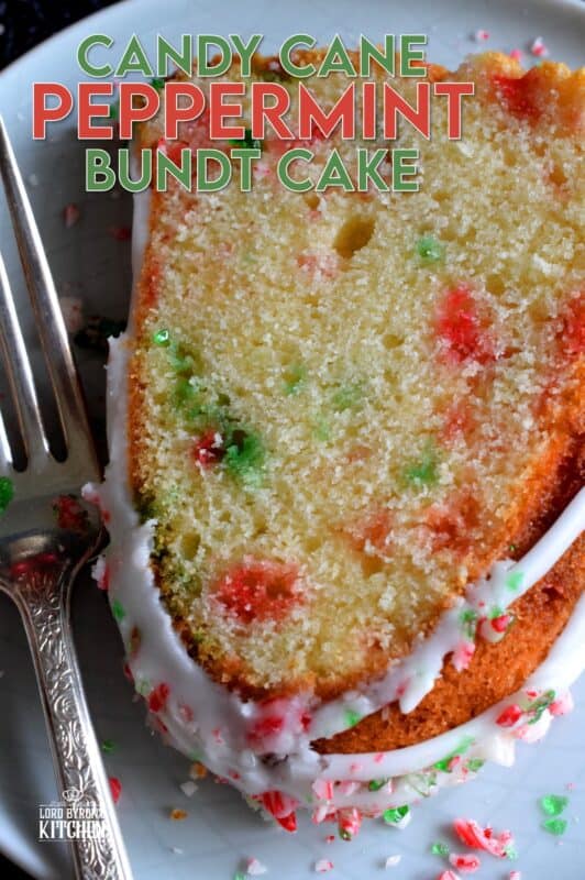 Peppermint is a dominant Christmastime flavour, so this candy cane bundt cake has a lot of it! With crushed candy canes baked into the cake batter and sprinkled over top a sweet and sugary glaze too, there's no shortage of peppermint flavour here! #candycane #peppermint #cake #bundt