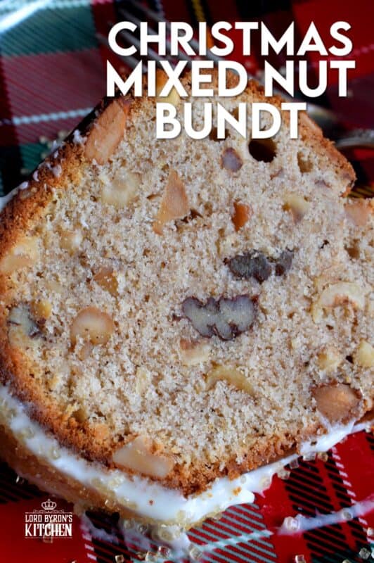 Mixed nuts were always a popular snack item at Christmastime in our home, which is why this Christmas Mixed Nut Bundt Cake is nostalgic and delicious! This cake is made with cream cheese in the batter, so you know it's going to be super moist! The ground spices add so much warmth and aroma! #mixednuts #bundt #cake