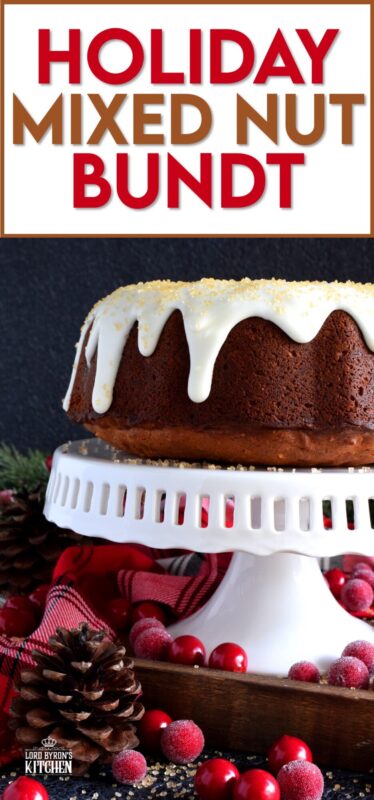 Mixed nuts were always a popular snack item at Christmastime in our home, which is why this Christmas Mixed Nut Bundt Cake is nostalgic and delicious! This cake is made with cream cheese in the batter, so you know it's going to be super moist! The ground spices add so much warmth and aroma! #mixednuts #bundt #cake