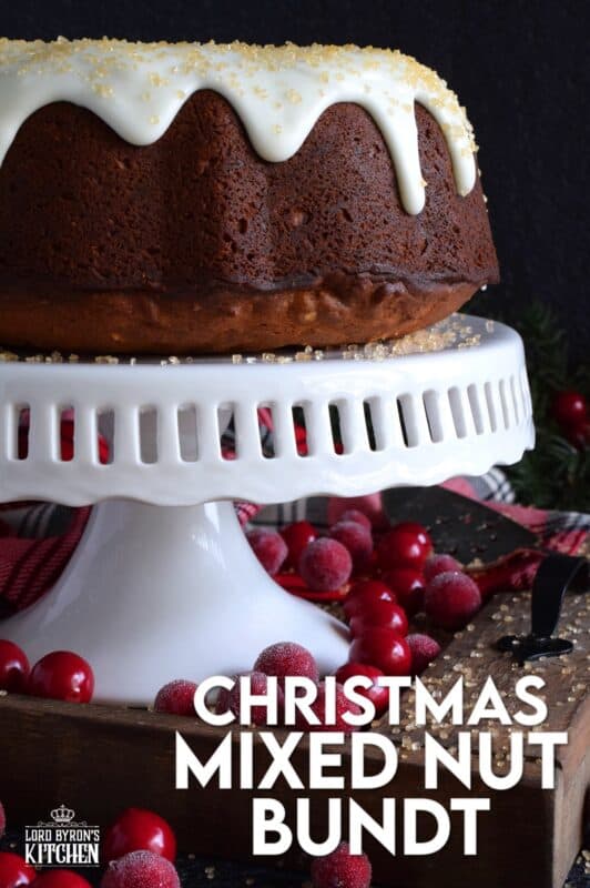Mixed nuts were always a popular snack item at Christmastime in our home, which is why this Christmas Mixed Nut Bundt Cake is nostalgic and delicious! This cake is made with cream cheese in the batter, so you know it's going to be super moist! The ground spices add so much warmth and aroma! #mixednuts #bundt #cake