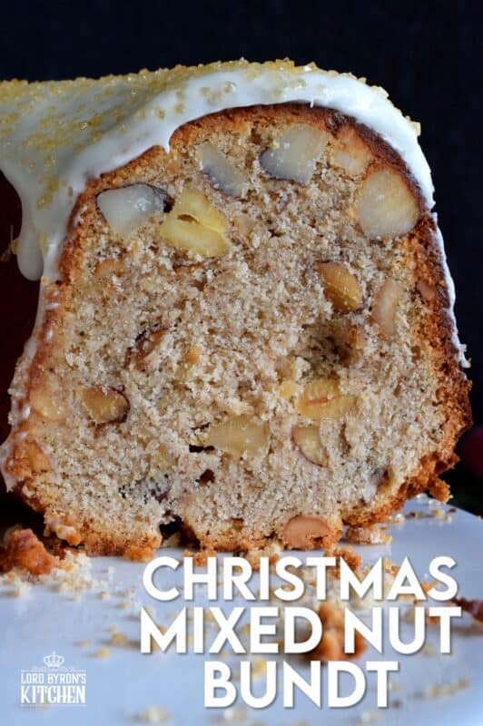 Mixed nuts were always a popular snack item at Christmastime in our home, which is why this Christmas Mixed Nut Bundt Cake is nostalgic and delicious! This cake is made with cream cheese in the batter, so you know it's going to be super moist! The ground spices add so much warmth and aroma! #mixednuts #bundt #cake