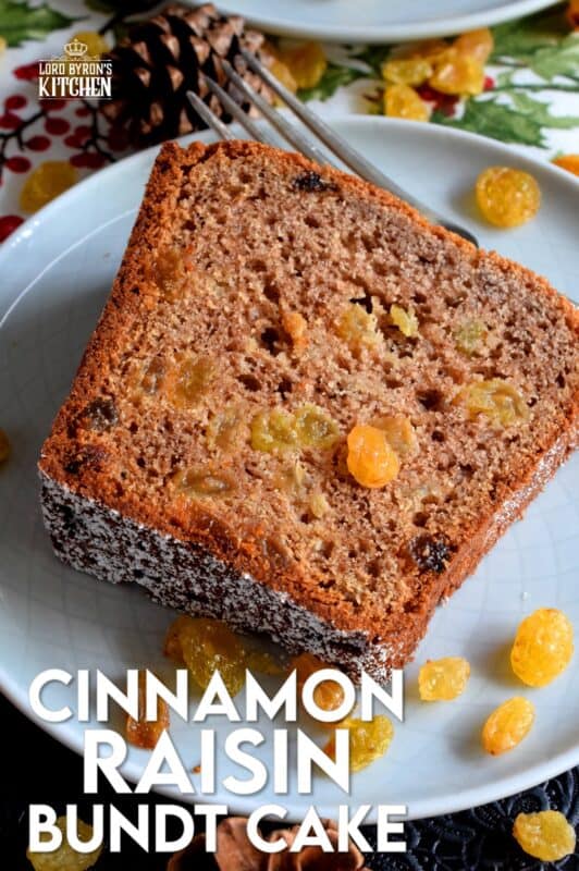 There are cinnamon raisin bagels and bread, so why not a cake too? Cinnamon Raisin Bundt Cake is a light and fluffy cake prepared with yogurt and simple pantry ingredients. There's a lot of cinnamon in this cake which adds warmth and the two whole cups of raisins ensure this cake stays soft and moist; perfect for the holidays! #raisin #cinnamon #bundt
