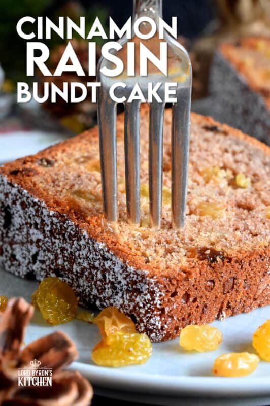There are cinnamon raisin bagels and bread, so why not a cake too? Cinnamon Raisin Bundt Cake is a light and fluffy cake prepared with yogurt and simple pantry ingredients. There's a lot of cinnamon in this cake which adds warmth and the two whole cups of raisins ensure this cake stays soft and moist; perfect for the holidays! #raisin #cinnamon #bundt
