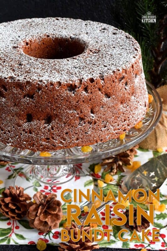 There are cinnamon raisin bagels and bread, so why not a cake too? Cinnamon Raisin Bundt Cake is a light and fluffy cake prepared with yogurt and simple pantry ingredients. There's a lot of cinnamon in this cake which adds warmth and the two whole cups of raisins ensure this cake stays soft and moist; perfect for the holidays! #raisin #cinnamon #bundt