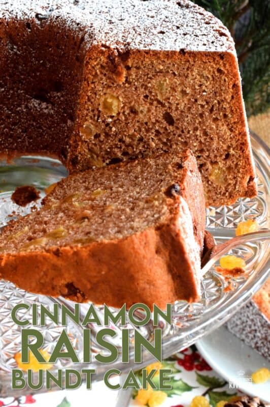 There are cinnamon raisin bagels and bread, so why not a cake too? Cinnamon Raisin Bundt Cake is a light and fluffy cake prepared with yogurt and simple pantry ingredients. There's a lot of cinnamon in this cake which adds warmth and the two whole cups of raisins ensure this cake stays soft and moist; perfect for the holidays! #raisin #cinnamon #bundt