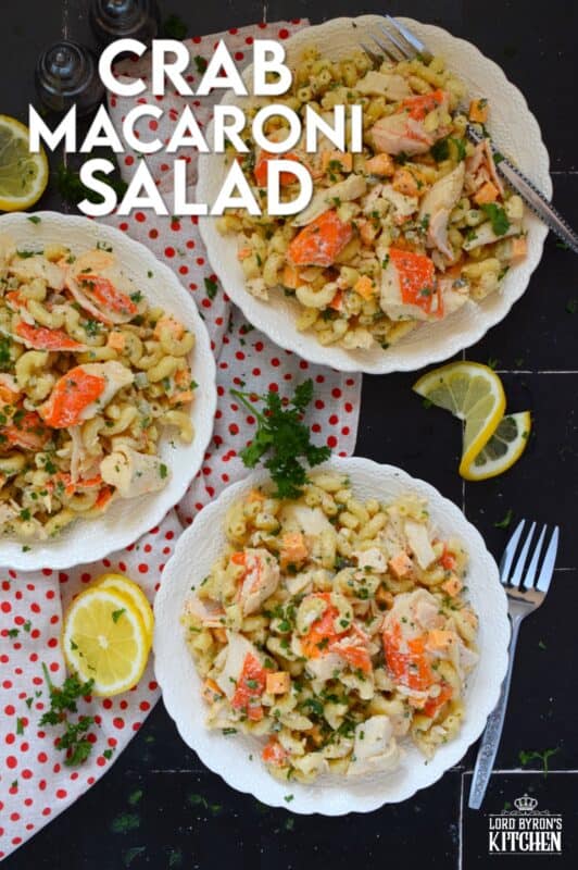 Flaked crab is tossed with cooked macaroni, dill pickles, and cheese in this Crab Macaroni Salad. The dressing is both creamy and tangy and is prepared with mayonnaise, vinegar, mustard, and old bay seasoning. This make-ahead salad is great for backyard barbecues and picnics! #salad #macaroni #seafood #crab #imitation