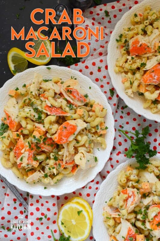 Flaked crab is tossed with cooked macaroni, dill pickles, and cheese in this Crab Macaroni Salad. The dressing is both creamy and tangy and is prepared with mayonnaise, vinegar, mustard, and old bay seasoning. This make-ahead salad is great for backyard barbecues and picnics! #salad #macaroni #seafood #crab #imitation