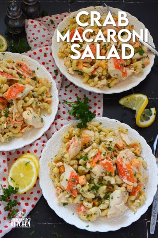 Flaked crab is tossed with cooked macaroni, dill pickles, and cheese in this Crab Macaroni Salad. The dressing is both creamy and tangy and is prepared with mayonnaise, vinegar, mustard, and old bay seasoning. This make-ahead salad is great for backyard barbecues and picnics! #salad #macaroni #seafood #crab #imitation