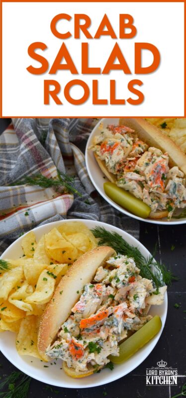 Loaded with crab meat, these Crab Salad Rolls are a fast and easy meal that is easily completed with a handful of really crispy kettle chips! The crab meat is tossed in a savoury thick dressing made with mayonnaise, chives, dill, lemon, and celery. It really does not get any easier or any more delicious than this! #crab #imitation #salad #sandwich #rolls