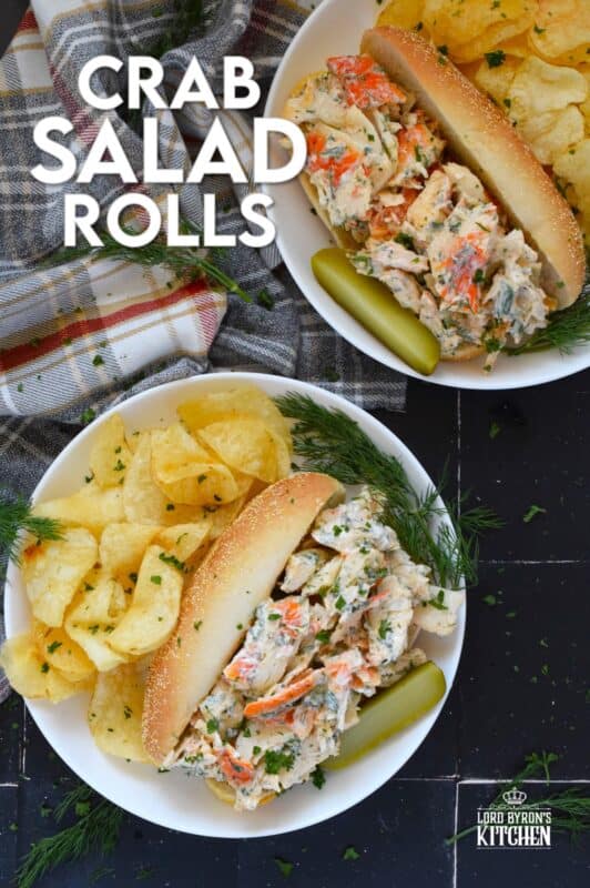 Loaded with crab meat, these Crab Salad Rolls are a fast and easy meal that is easily completed with a handful of really crispy kettle chips! The crab meat is tossed in a savoury thick dressing made with mayonnaise, chives, dill, lemon, and celery. It really does not get any easier or any more delicious than this! #crab #imitation #salad #sandwich #rolls