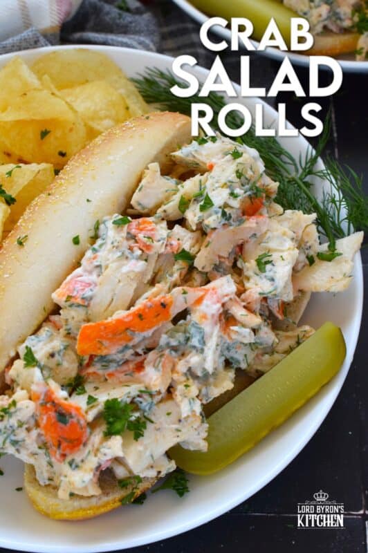 Loaded with crab meat, these Crab Salad Rolls are a fast and easy meal that is easily completed with a handful of really crispy kettle chips! The crab meat is tossed in a savoury thick dressing made with mayonnaise, chives, dill, lemon, and celery. It really does not get any easier or any more delicious than this! #crab #imitation #salad #sandwich #rolls
