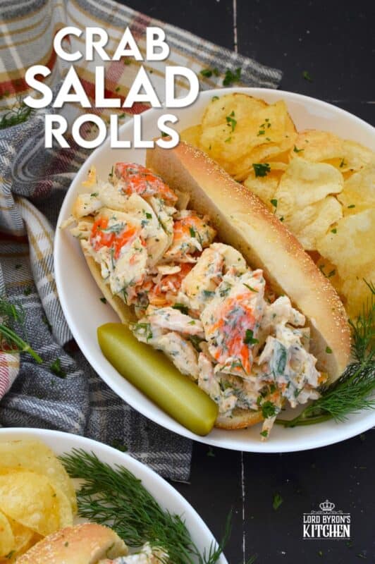 Loaded with crab meat, these Crab Salad Rolls are a fast and easy meal that is easily completed with a handful of really crispy kettle chips! The crab meat is tossed in a savoury thick dressing made with mayonnaise, chives, dill, lemon, and celery. It really does not get any easier or any more delicious than this! #crab #imitation #salad #sandwich #rolls