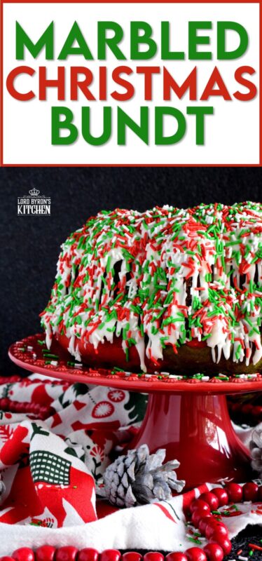 Kids of all ages will love a big slice of this Marbled Christmas Bundt Cake. This cake is festive, colourful, merry, and bright! It's made with yogurt so it will stay beautifully soft and moist. And, no matter what your age, everyone loves sprinkles! #bundt #sprinkles #marble #christmas #cake