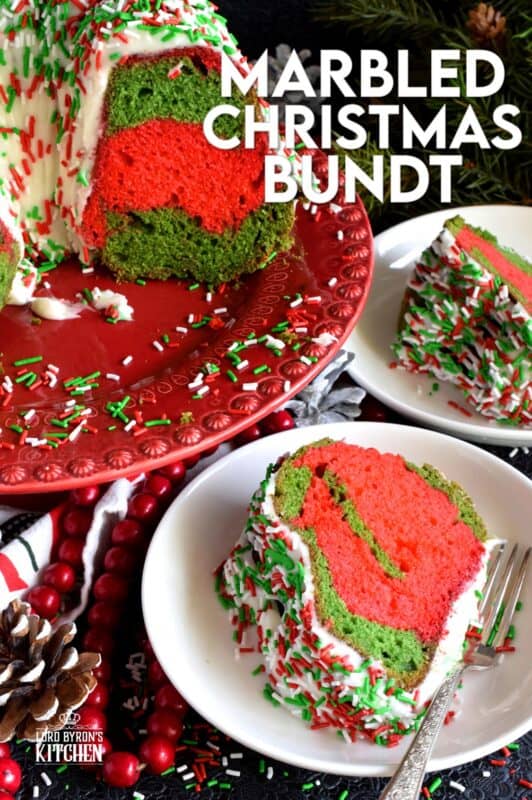 Kids of all ages will love a big slice of this Marbled Christmas Bundt Cake. This cake is festive, colourful, merry, and bright! It's made with yogurt so it will stay beautifully soft and moist. And, no matter what your age, everyone loves sprinkles! #bundt #sprinkles #marble #christmas #cake