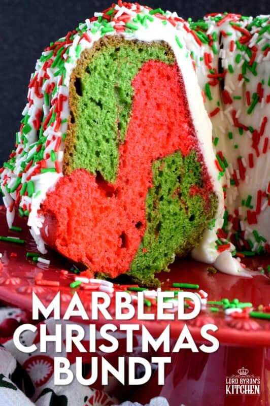 Kids of all ages will love a big slice of this Marbled Christmas Bundt Cake. This cake is festive, colourful, merry, and bright! It's made with yogurt so it will stay beautifully soft and moist. And, no matter what your age, everyone loves sprinkles! #bundt #sprinkles #marble #christmas #cake