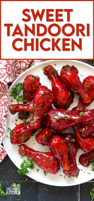 Spicy and flavourful with a slightly smoky taste, this Sweet Tandoori Chicken is mouthwateringly delightful! Tossed in cornstarch and baked in a hot oven, these chicken drumsticks are baked until crisp and then drenched in a sweet and sticky garlicky sauce that takes just minutes to prepare! #tandoori #spicy #chicken #drumsticks #baked