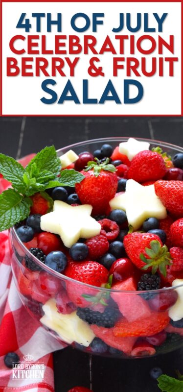 A perfectly gorgeous and healthy dessert option for your 4th of July party, this Celebration Berry and Fruit Salad is prepared with watermelon, strawberries, cherries, raspberries, blueberries, and apples cut into celebratory star shapes! Drizzled with a quick and easy glaze, this is a beautiful dessert everyone will want a taste of! #4thofjuly #fruit #berries #salad #redwhiteandblue