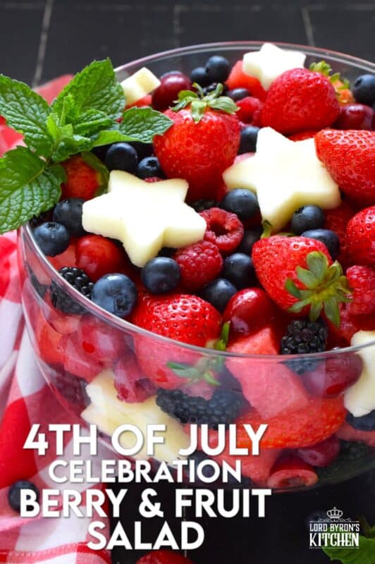 A perfectly gorgeous and healthy dessert option for your 4th of July party, this Celebration Berry and Fruit Salad is prepared with watermelon, strawberries, cherries, raspberries, blueberries, and apples cut into celebratory star shapes! Drizzled with a quick and easy glaze, this is a beautiful dessert everyone will want a taste of! #4thofjuly #fruit #berries #salad #redwhiteandblue
